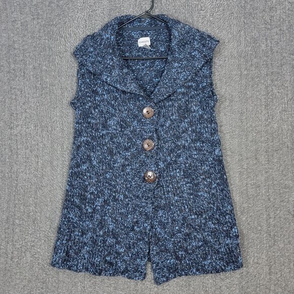 Chicos Cardigan Sweater Vest 1 Womens Medium Blue Black Wool Blend Knit Tunic - Picture 1 of 11
